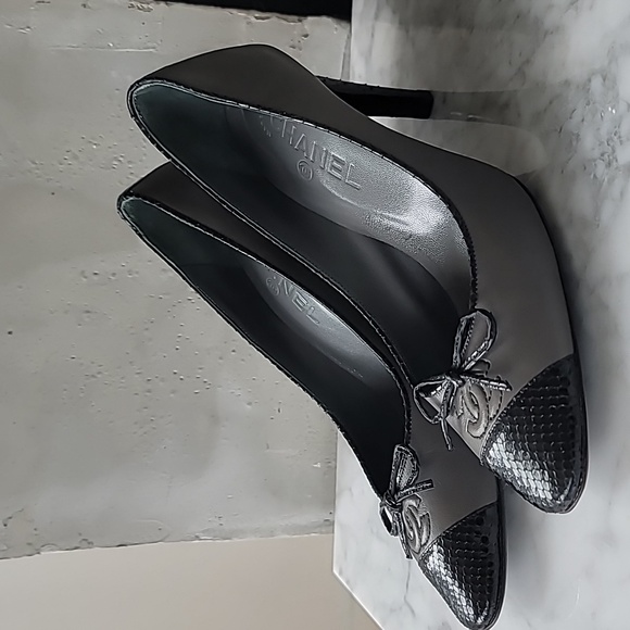 CHANEL Shoes - Chanel gray leather and black python heels sz 38 - 7 1/2 EUC